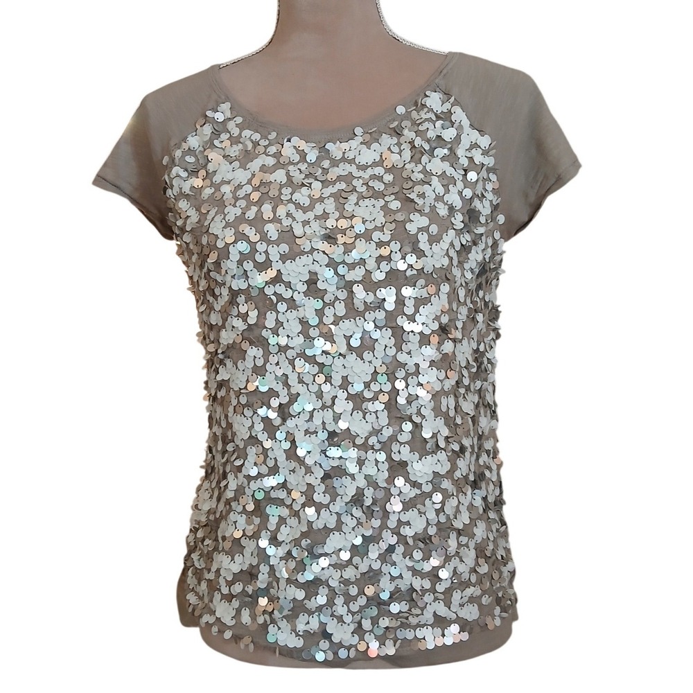 Ann Taylor LOFT Medium Taupe Sequin Front Short Sleeve Top Back Zip Blouse